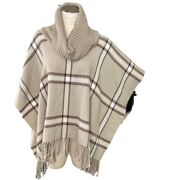 APT 9 Plaid Poncho Ribbed Knit Cowl Neck Fringed Hem One Size Beige 219C - Picture 1 of 7